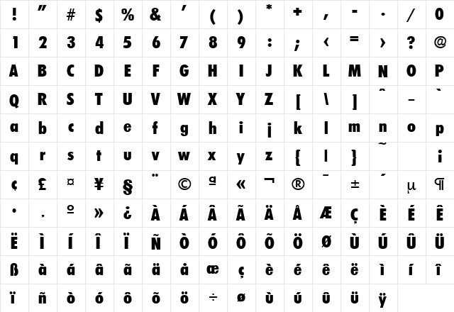 LimerickCond-Serial-ExtraBold Regular  glyph index