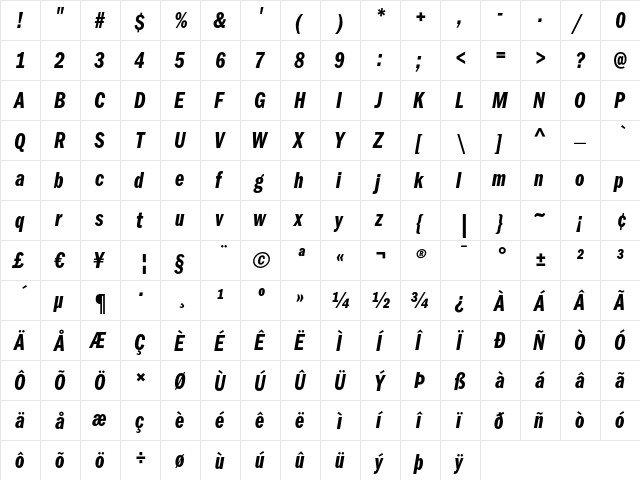 ITC Franklin Gothic LT Demi Compressed Italic  glyph index