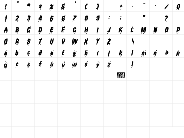 Shower Bold Italic  glyph index