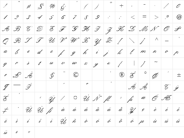 KuenstlerScriptMedium Regular  glyph index