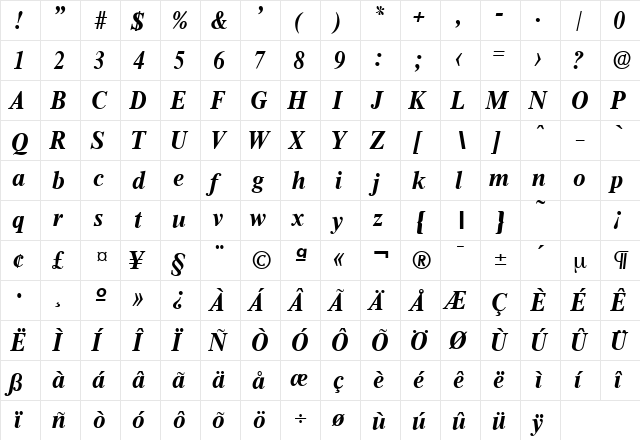 Thames-Serial BoldItalic  glyph index