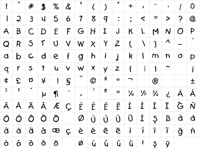 TR Kids Regular  glyph index