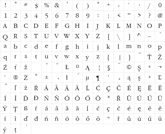 GaramondItcTEELig Regular  glyph index