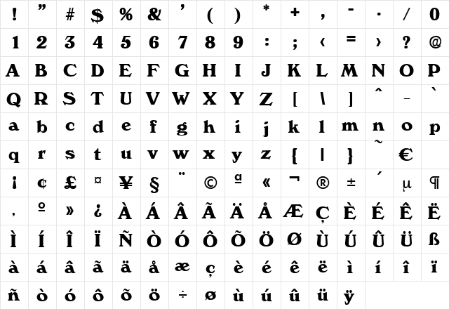 Verona-Bold Regular  glyph index