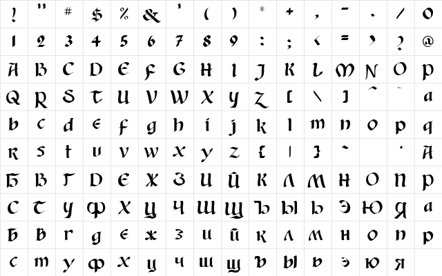 Old English Cyr Regular  glyph index