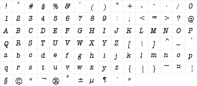 a_OldTyperNr Italic  glyph index