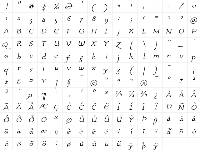 CarlinScript LT Std LightIt Regular  glyph index