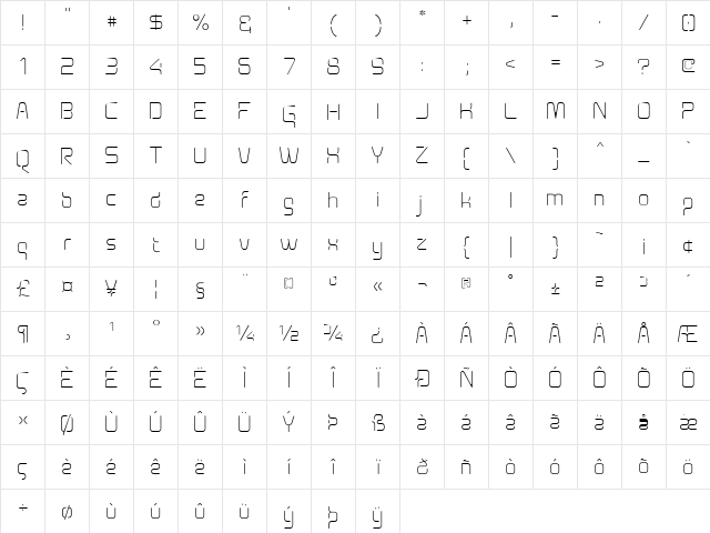 Aunchanted Thin Regular  glyph index