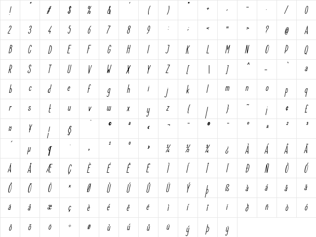 Elegant Sans SemiBold Italic  glyph index