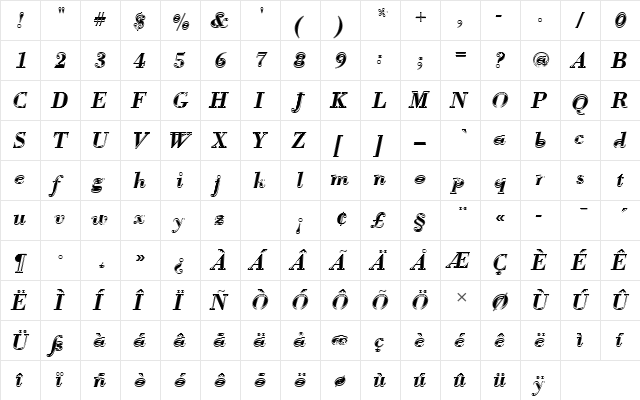 BodoniAntTDemBolItaIn1 Regular  glyph index