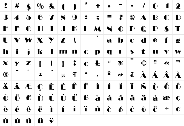 Broadway Regular  glyph index