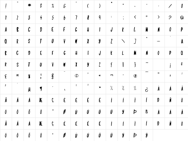 Jamaican Crow Regular  glyph index