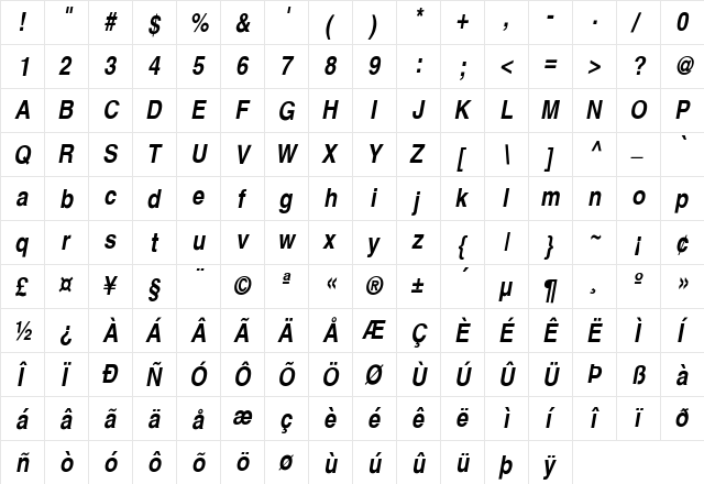 Halvorson-Thin-BoldObl Reg Regular  glyph index
