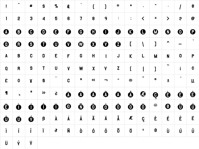 Aviator Regular  glyph index