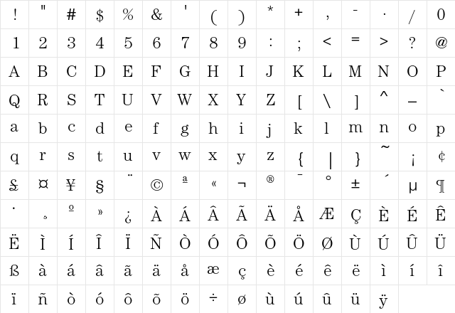 CenturyEF-Light Regular  glyph index