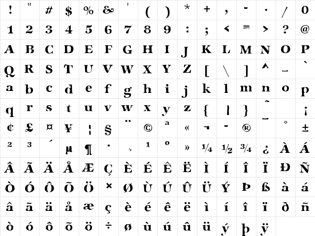 DTCDirtyM50 Regular  glyph index