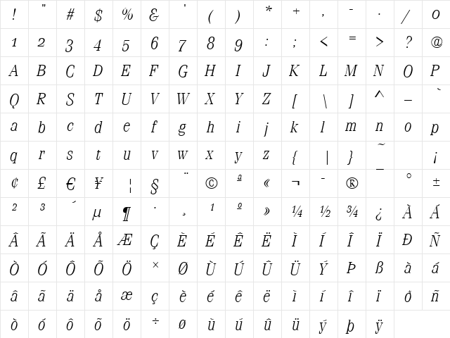 Ferrara-Osf-Light Italic  glyph index