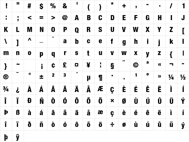 Helvetica Neue LT Std 87 Heavy Condensed  glyph index