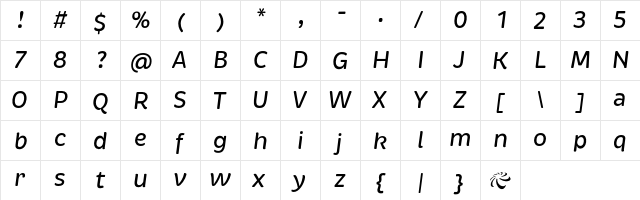 Brevia MediumItalic Regular  glyph index
