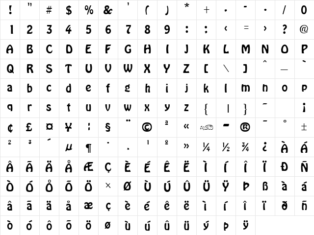 HobbyHeadline normal  glyph index