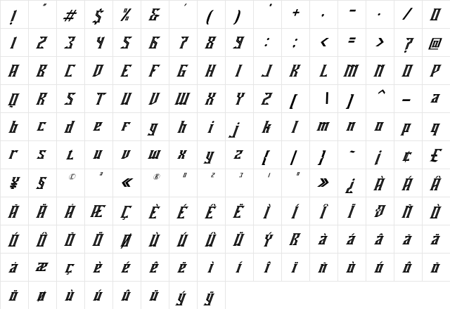 Miles Hunt Italic Regular  glyph index