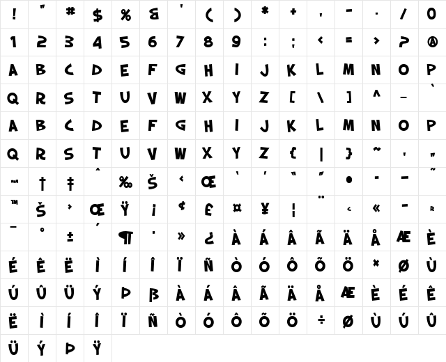 SF Slapstick Comic Bold  glyph index