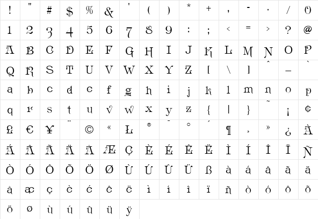 HattanAntique Regular  glyph index