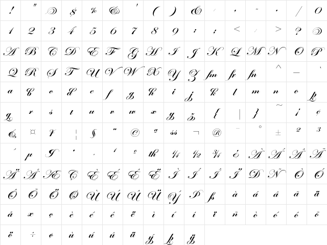 EdwardianScriptEF BoldA  glyph index