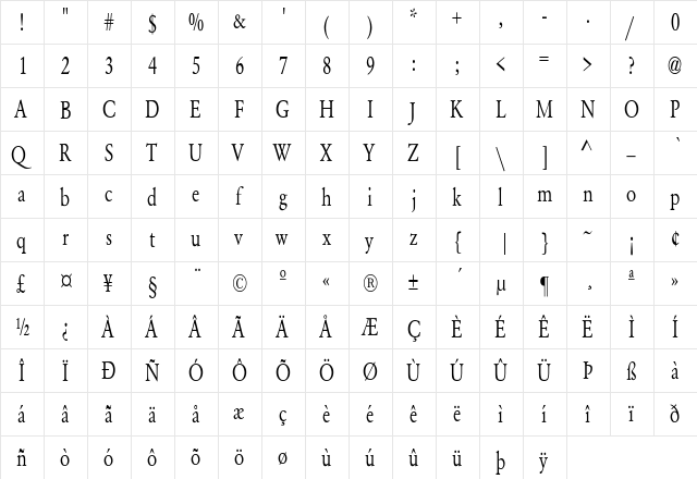 Yearlind-Normal Condensed Regular  glyph index