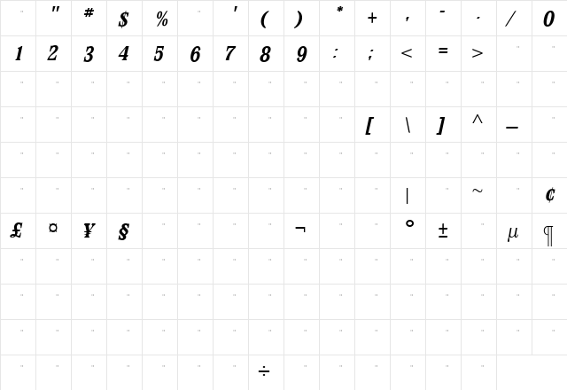 StirlingBoldItalicTab Roman  glyph index