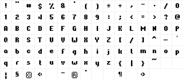 Hardpixel Regular  glyph index