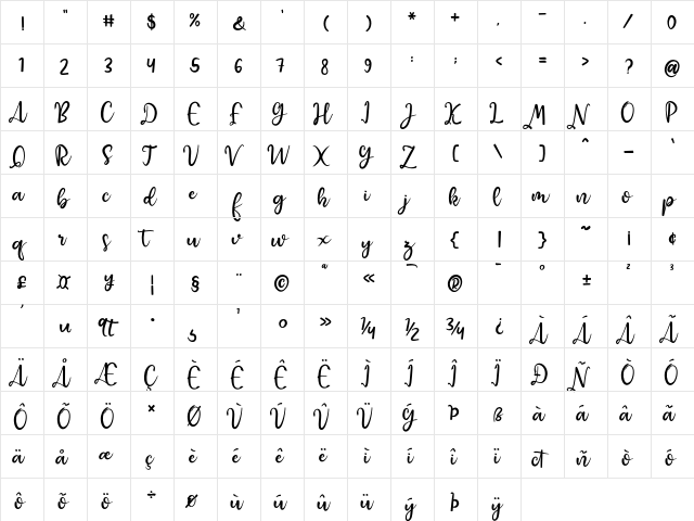 Raquen Regular  glyph index