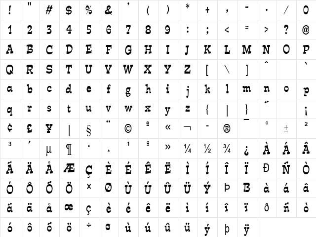 Cartoonist 2 Condensed  glyph index