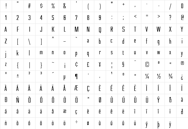 Nesobrite Condensed  glyph index