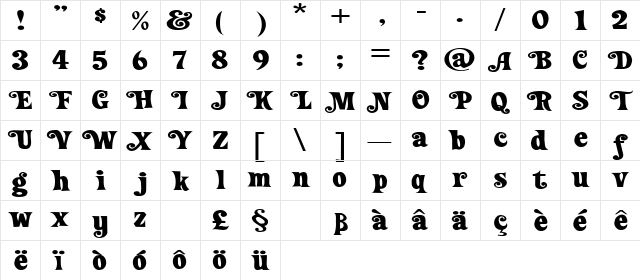 Loose New Roman Wide Swash Regular  glyph index