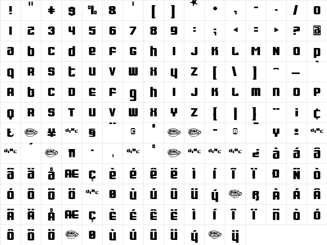 Dinette Regular  glyph index