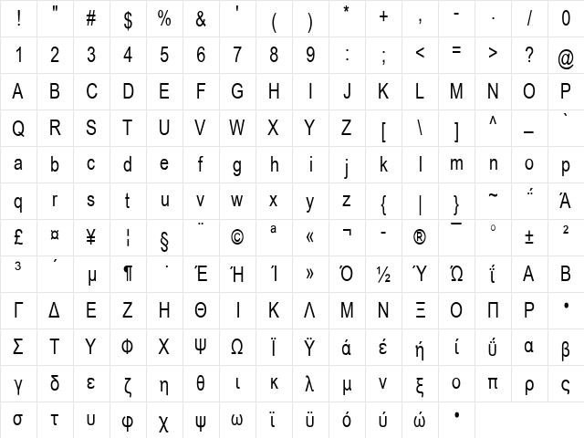 HellasArial Condensed Plain  glyph index