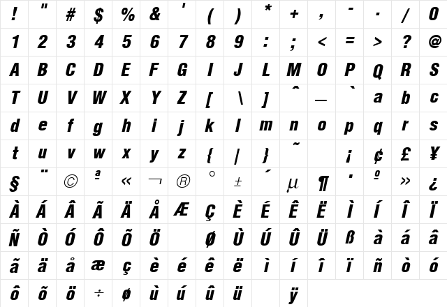 Hallmarke Condensed Black Italic  glyph index