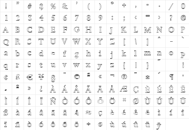 TobyBeckerOutline Regular  glyph index