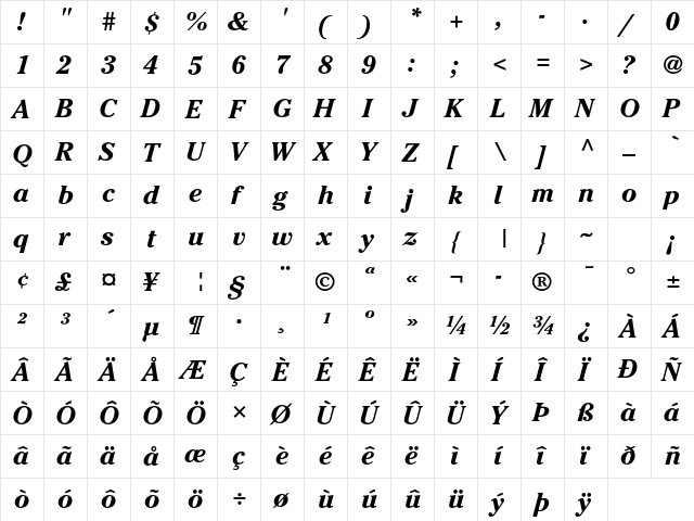 ITC Cheltenham Std Bold Italic  glyph index
