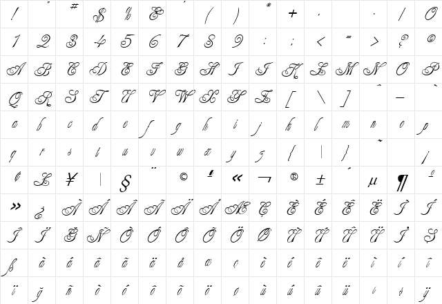 TR Alexei Copperplate Regular  glyph index