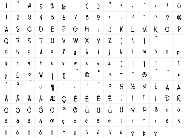 CrayonCondensed Bold  glyph index
