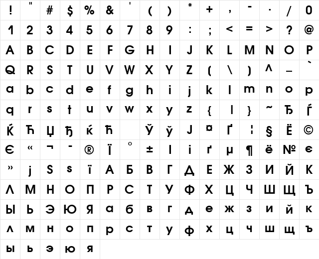 AvantGardeGothicCTT Bold  glyph index