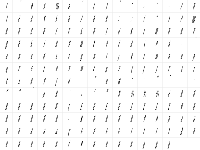 Phantacon Bold Super-Italic Bold Italic  glyph index