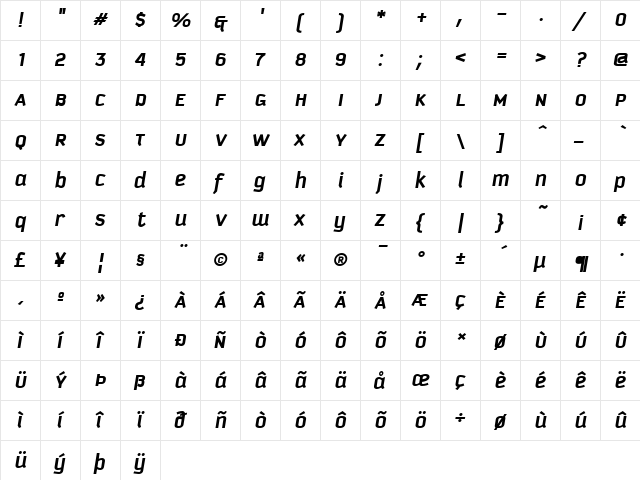 Kautiva Uni Bold Italic  glyph index