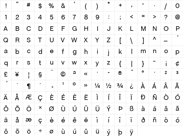 ChaletBook Regular  glyph index