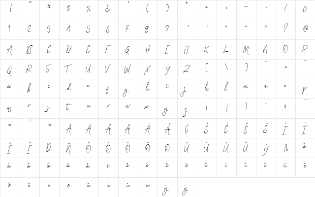 Signatura Monoline Script Regular  glyph index