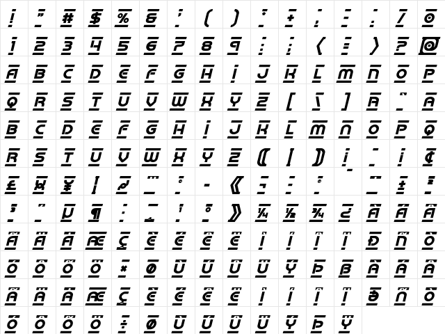 Barcade Bold Italic Bold Italic  glyph index