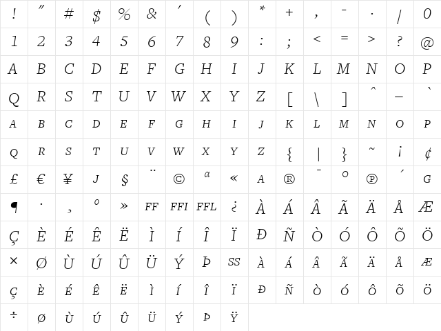 FreightText LightItalicSC  glyph index