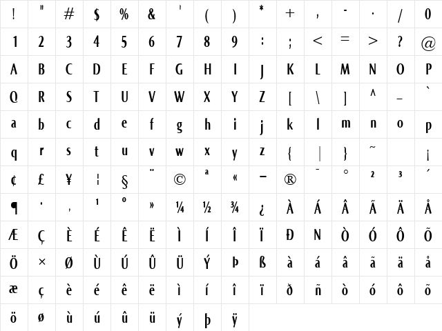 Norma Compr Bold  glyph index